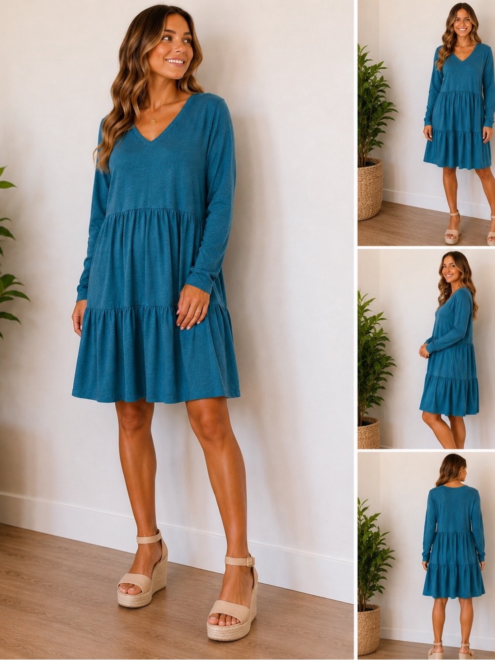 Matilda Jane Teal Tiered Swing Dress Women’s Size L Long Sleeve V-Neck